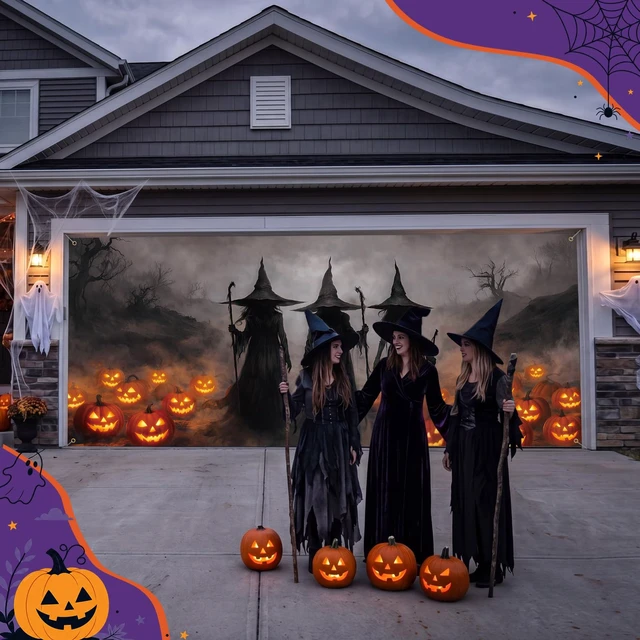 Alt view image 5 of 7 - 7x16 ft Witch Halloween Garage Door Cover Banner with Pumpkins Large Backdrop for Wall Yard Party Decor, Waterproof Outdoor Use, Spooky Silhouettes Glowing Jack-o-lanterns Scene