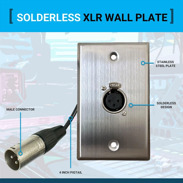 Alt view image 2 of 7 - 1 Port Stainless Steel XLR Wall Plate, Female to Male, Solderless No-Solder XLR Wall Plate with Female to Male Connectors for Pro Audio, Studio, Stage, Rack & In-Wall Installations