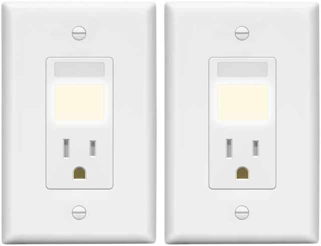 Main image of 15A Outlet, LED, Motion Sensor, PIR Guide Light Receptacle, 2-Pack Matte White, Adjustable Time Delay, Tamper-Resistant, Wall Plate Included, UL Listed, Thermoplastic, Daylight Sensor