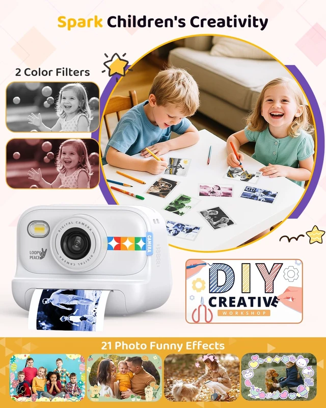 Alt view image 3 of 7 - Kids Color Instant Print Camera Kids Camera with 5 Color Photo Paper, 48MP & 1080P Video, 21 Fun Frames, 32G Card, Christmas/Birthday Gifts for Girls and Boys Ages 3 4 5 6 7 8 9 10 11 12 -White
