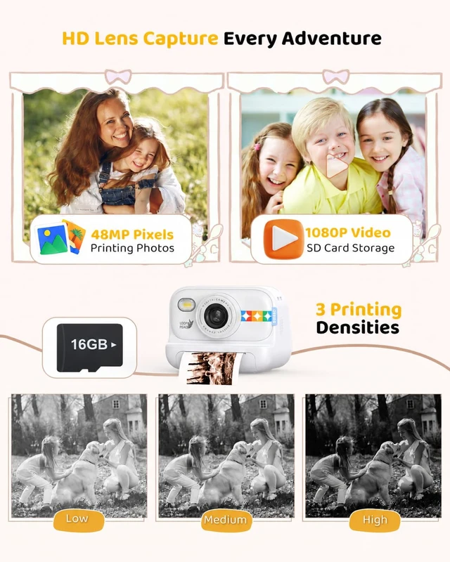 Alt view image 6 of 7 - Kids Color Instant Print Camera Kids Camera with 5 Color Photo Paper, 48MP & 1080P Video, 21 Fun Frames, 32G Card, Christmas/Birthday Gifts for Girls and Boys Ages 3 4 5 6 7 8 9 10 11 12 -White