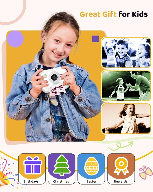 Alt view image 7 of 7 - Kids Color Instant Print Camera Kids Camera with 5 Color Photo Paper, 48MP & 1080P Video, 21 Fun Frames, 32G Card, Christmas/Birthday Gifts for Girls and Boys Ages 3 4 5 6 7 8 9 10 11 12 -White