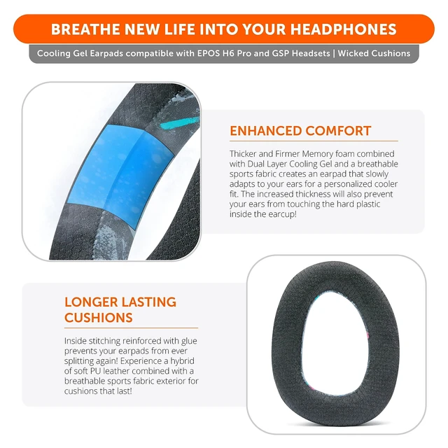Alt view image 4 of 7 - Freeze EPOS H6 Pro - Cooling Gel Earpads for EPOS H6 Pro Headphones Made by Wicked Cushions Also fits Sennheiser GSP600, GSP500, GSP550 & GSP670. Enhance Comfort & Durability 90's Black