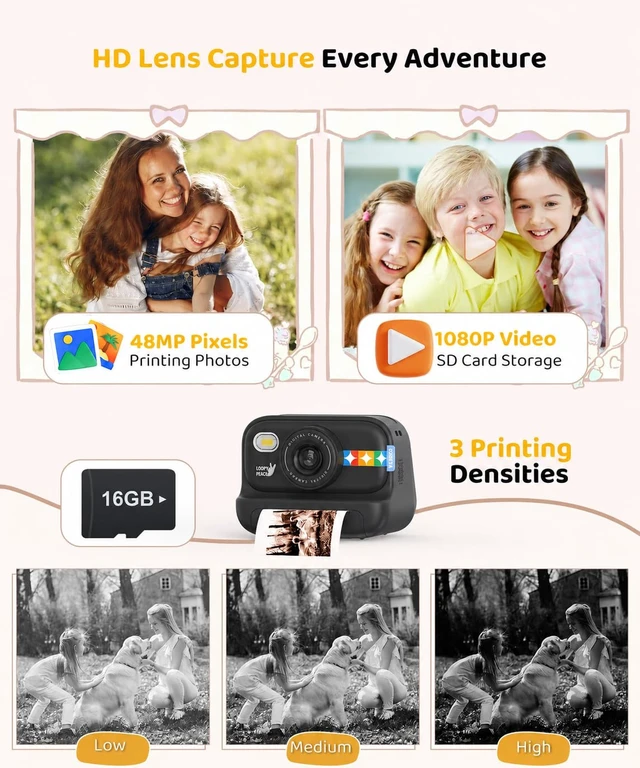 Alt view image 7 of 7 - Kids Color Instant Print Camera Kids Camera with 5 Color Photo Paper, 48MP & 1080P Video, 21 Fun Frames, 32G Card, Christmas/Birthday Gifts for Girls and Boys Ages 3 4 5 6 7 8 9 10 11 12 - Black
