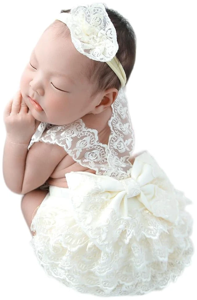Main image of Newborn Photography Outfits Girl Newborn Photography Props Lace Romper Baby Photo Shoot Outfits Girls Photo Props (Strap Style - Beige)