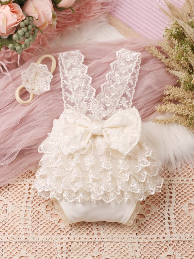 Alt view image 3 of 7 - Newborn Photography Outfits Girl Newborn Photography Props Lace Romper Baby Photo Shoot Outfits Girls Photo Props (Strap Style - Beige)