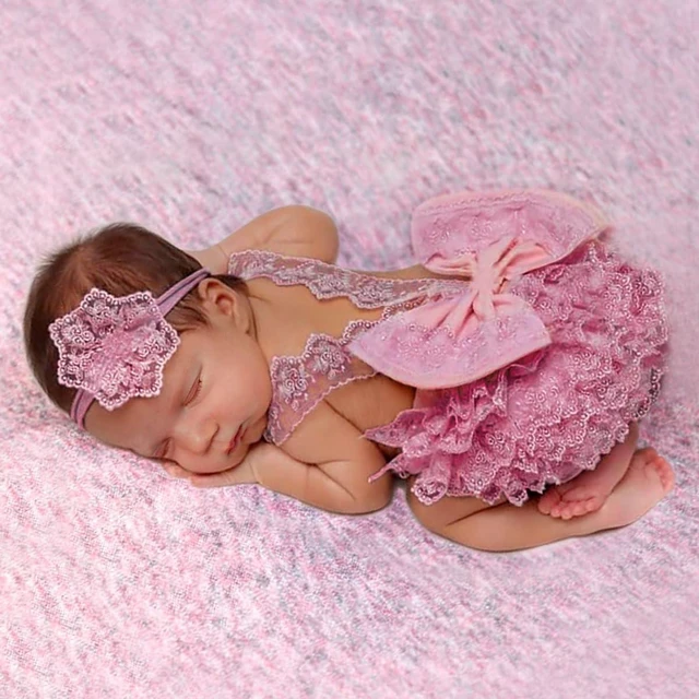 Main image of Newborn Photography Outfits - Girl Props Lace Romper Baby Photo Shoot Outfits Girls Photo Props (Strap Style - Purple)
