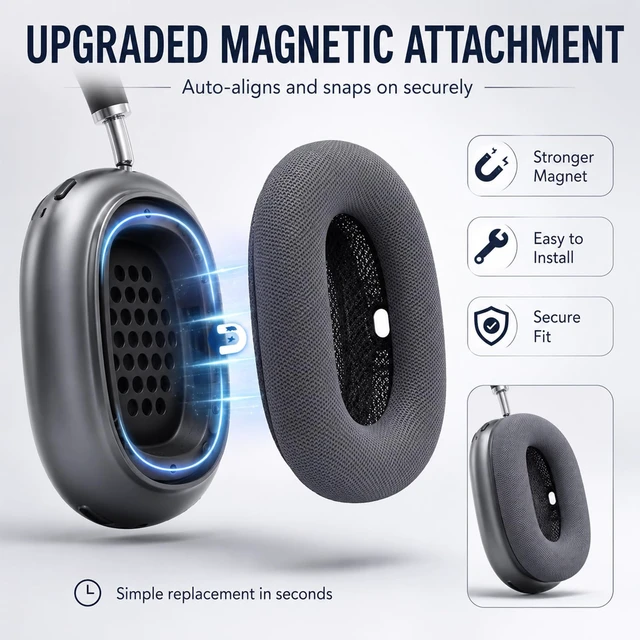 Alt view image 2 of 7 - AirPods Max Ear Cushions Replacement Memory Foam Earpads with Magnet, Mesh Fabric, Noise Isolation, 2-Pack, Space Gray (Midnight)