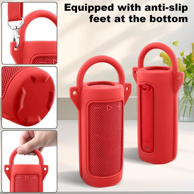 Alt view image 4 of 7 - for JBL Grip Portable Waterproof Speaker Silicone Case, Red Portable Travel Soft Cover with Adjustable Shoulder Strap and Carabiner, Protective Skin Case, Anti-Slip Feet