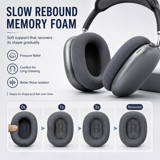 Alt view image 5 of 7 - AirPods Max Ear Cushions Replacement Memory Foam Earpads with Magnet, Mesh Fabric, Noise Isolation, 2-Pack, Space Gray (Midnight)