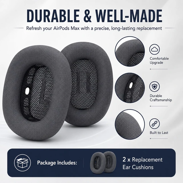 Alt view image 7 of 7 - AirPods Max Ear Cushions Replacement Memory Foam Earpads with Magnet, Mesh Fabric, Noise Isolation, 2-Pack, Space Gray (Midnight)