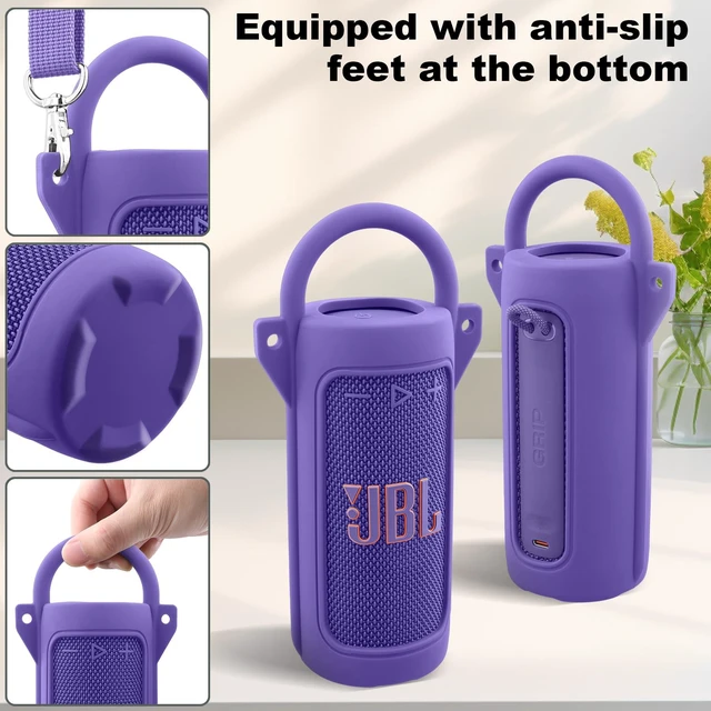 Alt view image 4 of 7 - for JBL Grip Portable Waterproof Speaker Silicone Case, Purple Portable Travel Soft Cover with Adjustable Shoulder Strap and Carabiner, Protective Skin Case, Anti-Slip Feet