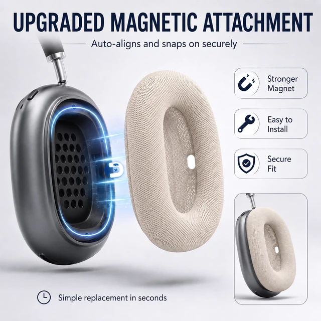 Alt view image 2 of 7 - AirPods Max Ear Cushions Replacement Memory Foam Earpads with Magnet, Mesh Fabric, Noise Isolation, 2-Pack, Space Gray (Starlight)