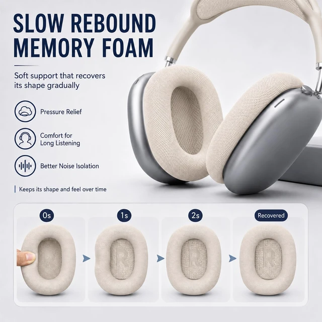 Alt view image 6 of 7 - AirPods Max Ear Cushions Replacement Memory Foam Earpads with Magnet, Mesh Fabric, Noise Isolation, 2-Pack, Space Gray (Starlight)