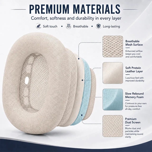 Alt view image 7 of 7 - AirPods Max Ear Cushions Replacement Memory Foam Earpads with Magnet, Mesh Fabric, Noise Isolation, 2-Pack, Space Gray (Starlight)