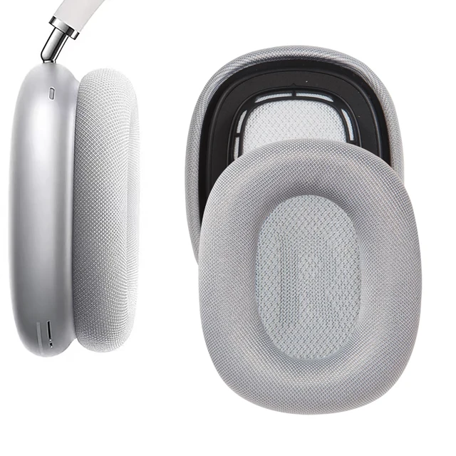 Alt view image 2 of 7 - Replacement Ear Pads Cushions for Apple AirPods Max, Mesh Fabric & Protein Leather Ear Covers, Soft Noise Isolation Headphone Earmuffs, 2-Pack, Silver