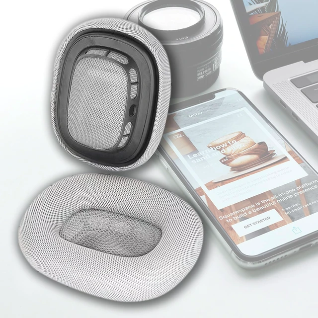 Alt view image 3 of 7 - Replacement Ear Pads Cushions for Apple AirPods Max, Mesh Fabric & Protein Leather Ear Covers, Soft Noise Isolation Headphone Earmuffs, 2-Pack, Silver