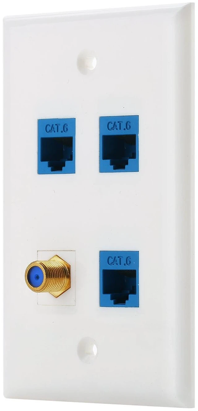 Main image of 4 Port Wall Plate with Gold-Plated Coaxial TV Cable F Type + 3 Port Cat6 Ethernet Female to Female Jack in White