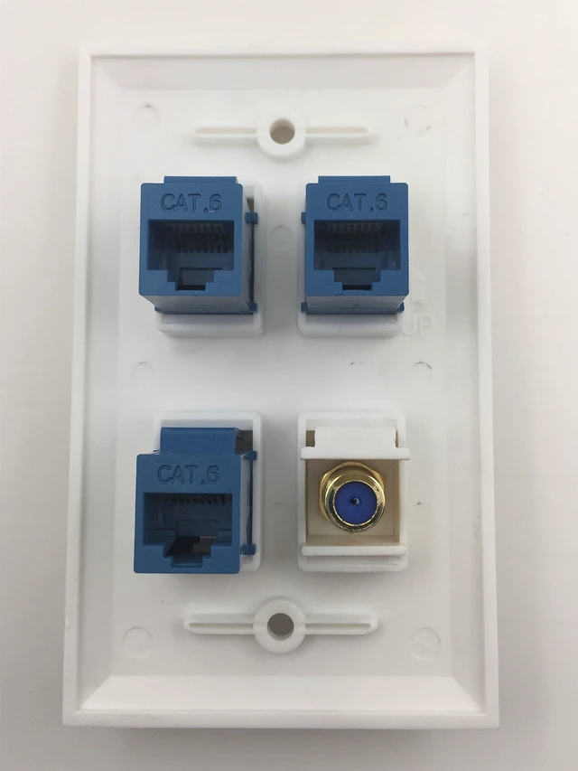 Alt view image 2 of 2 - 4 Port Wall Plate with Gold-Plated Coaxial TV Cable F Type + 3 Port Cat6 Ethernet Female to Female Jack in White