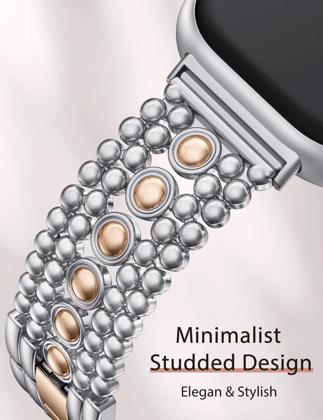 Alt view image 2 of 6 - Metal Bands Compatible with Fitbit Sense 2/Versa 4/Versa 3/Sense Bands Women, Pretty Dressy Stainless Steel Metal Dual Tone Adjustable Round Studded Link Bracelet Replacement Strap for Versa 4