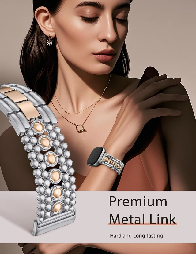 Alt view image 4 of 6 - Metal Bands Compatible with Fitbit Sense 2/Versa 4/Versa 3/Sense Bands Women, Pretty Dressy Stainless Steel Metal Dual Tone Adjustable Round Studded Link Bracelet Replacement Strap for Versa 4