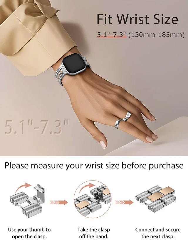 Alt view image 5 of 6 - Metal Bands Compatible with Fitbit Sense 2/Versa 4/Versa 3/Sense Bands Women, Pretty Dressy Stainless Steel Metal Dual Tone Adjustable Round Studded Link Bracelet Replacement Strap for Versa 4