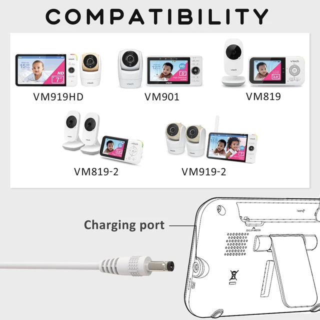 Alt view image 2 of 6 - 5V Power Cord Compatible with VTech VM901 VM919HD VM919-2HD VM819 VM819-2 PU Baby Monitor Handheld Screen Parent Unit, Universal Baby Monitor Charger Adapter with 5Ft Cord
