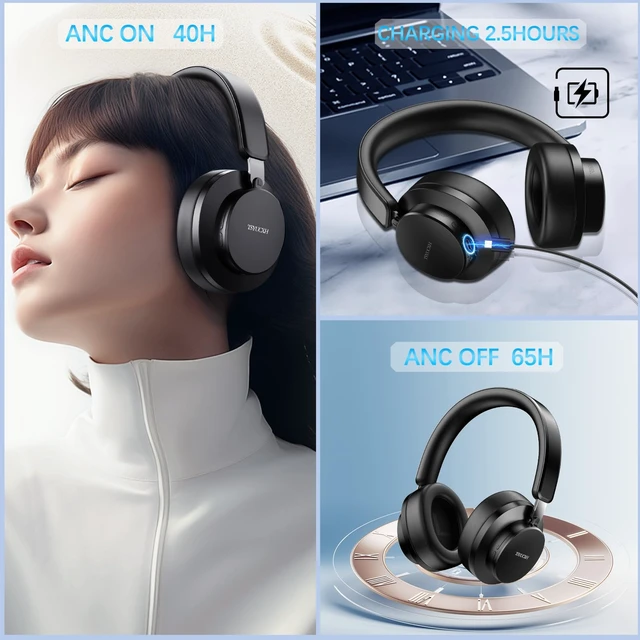 Alt view image 2 of 6 - Over Ear Headphones Wireless Bluetooth, Noise Cancelling Headphones Bluetooth with Microphone, Cancelling Wireless Headphone Over Ear, 65h Playtime, Clear Calls, Comfort Fit For Travel (Black)