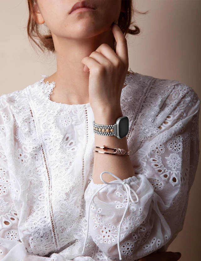 Alt view image 6 of 6 - Metal Bands Compatible with Fitbit Sense 2/Versa 4/Versa 3/Sense Bands Women, Pretty Dressy Stainless Steel Metal Dual Tone Adjustable Round Studded Link Bracelet Replacement Strap for Versa 4