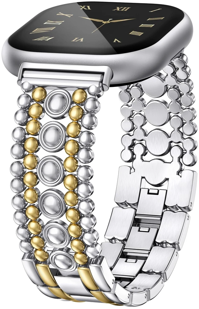 Main image of Metal Bands Compatible with Fitbit Sense 2/Versa 4/Versa 3/Sense Bands Women, Pretty Dressy Stainless Steel Metal Dual Tone Adjustable Round Studded Link Bracelet Replacement Strap for Versa 4