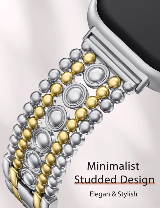 Alt view image 2 of 6 - Metal Bands Compatible with Fitbit Sense 2/Versa 4/Versa 3/Sense Bands Women, Pretty Dressy Stainless Steel Metal Dual Tone Adjustable Round Studded Link Bracelet Replacement Strap for Versa 4