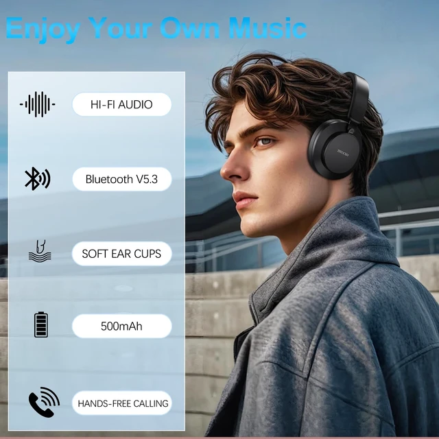 Alt view image 6 of 6 - Over Ear Headphones Wireless Bluetooth, Noise Cancelling Headphones Bluetooth with Microphone, Cancelling Wireless Headphone Over Ear, 65h Playtime, Clear Calls, Comfort Fit For Travel (Black)