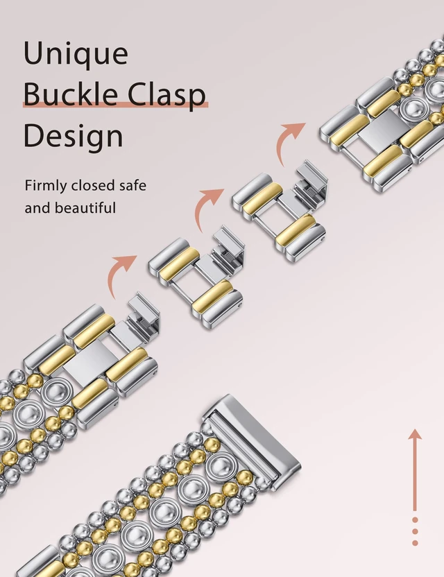 Alt view image 3 of 6 - Metal Bands Compatible with Fitbit Sense 2/Versa 4/Versa 3/Sense Bands Women, Pretty Dressy Stainless Steel Metal Dual Tone Adjustable Round Studded Link Bracelet Replacement Strap for Versa 4
