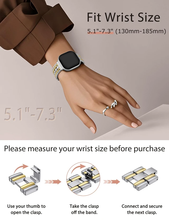 Alt view image 5 of 6 - Metal Bands Compatible with Fitbit Sense 2/Versa 4/Versa 3/Sense Bands Women, Pretty Dressy Stainless Steel Metal Dual Tone Adjustable Round Studded Link Bracelet Replacement Strap for Versa 4