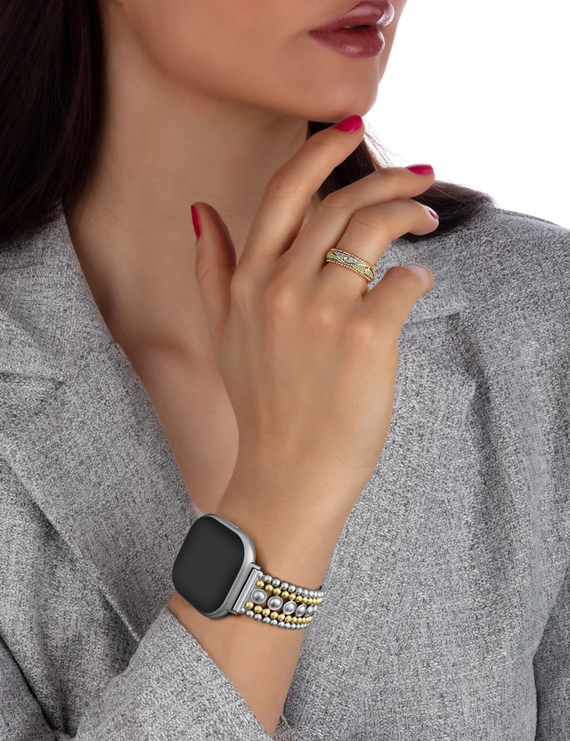 Alt view image 6 of 6 - Metal Bands Compatible with Fitbit Sense 2/Versa 4/Versa 3/Sense Bands Women, Pretty Dressy Stainless Steel Metal Dual Tone Adjustable Round Studded Link Bracelet Replacement Strap for Versa 4