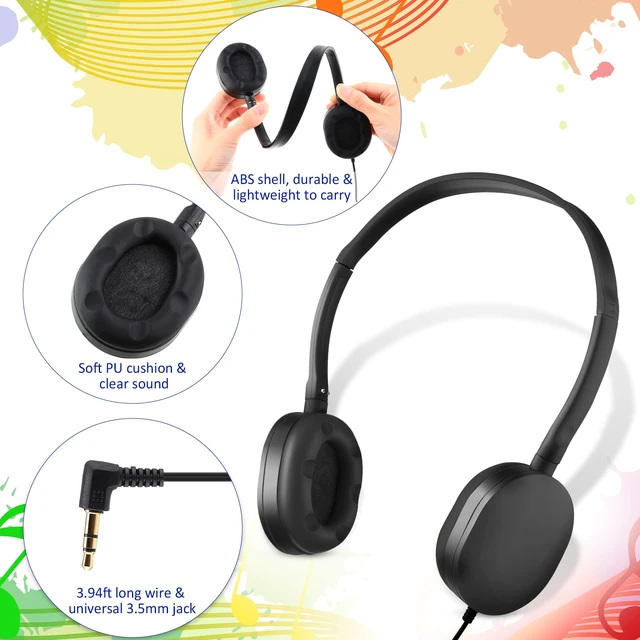 Alt view image 3 of 7 - 18 Pack Headphones Bulk Wired 3.5mm, Black Adjustable Headband for Library & Learning Use, Compatible with Laptops and Tablets