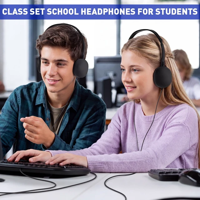Alt view image 4 of 7 - 18 Pack Headphones Bulk Wired 3.5mm, Black Adjustable Headband for Library & Learning Use, Compatible with Laptops and Tablets