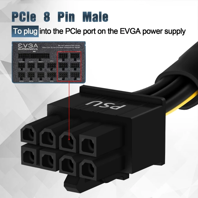 Alt view image 2 of 7 - 8 Pin PCIe Cable for EVGA Power Supply, PCIe 8 Pin Male to Dual (6+2) Male PCI Express Power Adapter Sleeved 25-inch+9-inch (63cm+23cm)