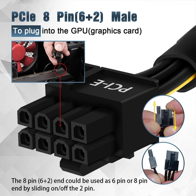 Alt view image 3 of 7 - 8 Pin PCIe Cable for EVGA Power Supply, PCIe 8 Pin Male to Dual (6+2) Male PCI Express Power Adapter Sleeved 25-inch+9-inch (63cm+23cm)