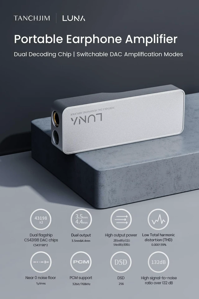 Alt view image 2 of 7 - Luna Portable Headphone Amplifier High-Resolution USB DAC Decoder Dual CS43198 High Performance IEM DAC, 32Bit/768kHz, DSD256, 4.4mm & 3.5mm Outputs, Dongle DAC Support PC & Android APP