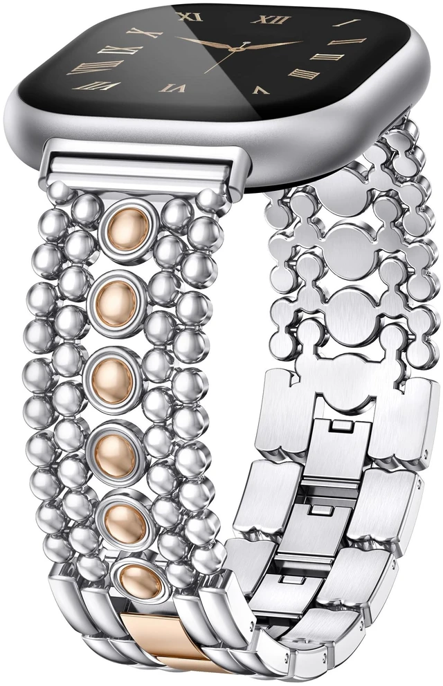 Main image of Metal Bands Compatible with Fitbit Sense 2/Versa 4/Versa 3/Sense Bands Women, Pretty Dressy Stainless Steel Metal Dual Tone Adjustable Round Studded Link Bracelet Replacement Strap for Versa 4