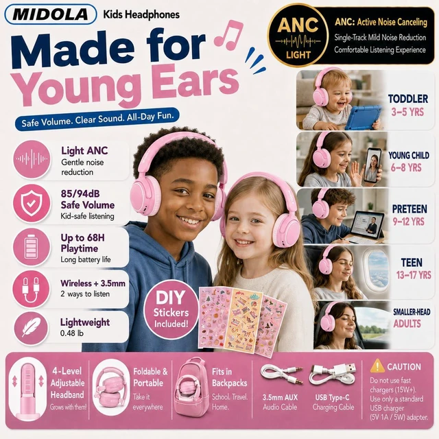 Alt view image 2 of 7 - Kids Bluetooth Headphones Wireless Over-Ear,Active Noise Cancelling,Pink 68Hrs,Volume Limit 85/94dB,Built-in Mic,Adjustable Headband Foldable Lightweight for Toddler School Girls Boys,Stereo Sound