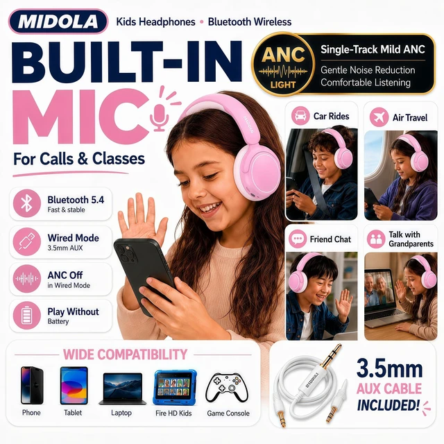 Alt view image 4 of 7 - Kids Bluetooth Headphones Wireless Over-Ear,Active Noise Cancelling,Pink 68Hrs,Volume Limit 85/94dB,Built-in Mic,Adjustable Headband Foldable Lightweight for Toddler School Girls Boys,Stereo Sound