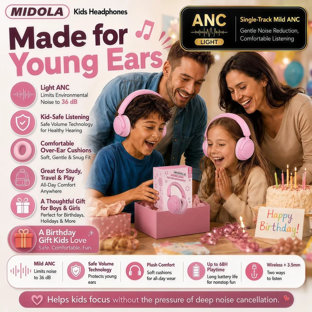 Alt view image 7 of 7 - Kids Bluetooth Headphones Wireless Over-Ear,Active Noise Cancelling,Pink 68Hrs,Volume Limit 85/94dB,Built-in Mic,Adjustable Headband Foldable Lightweight for Toddler School Girls Boys,Stereo Sound