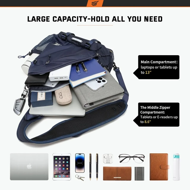Alt view image 2 of 6 - Sling Laptop Bag (Up to 13 Inch) - 18L Crossbody Sling Backpack Travel Shoulder Bag Hiking Daypack for Men Women(Navyblue)