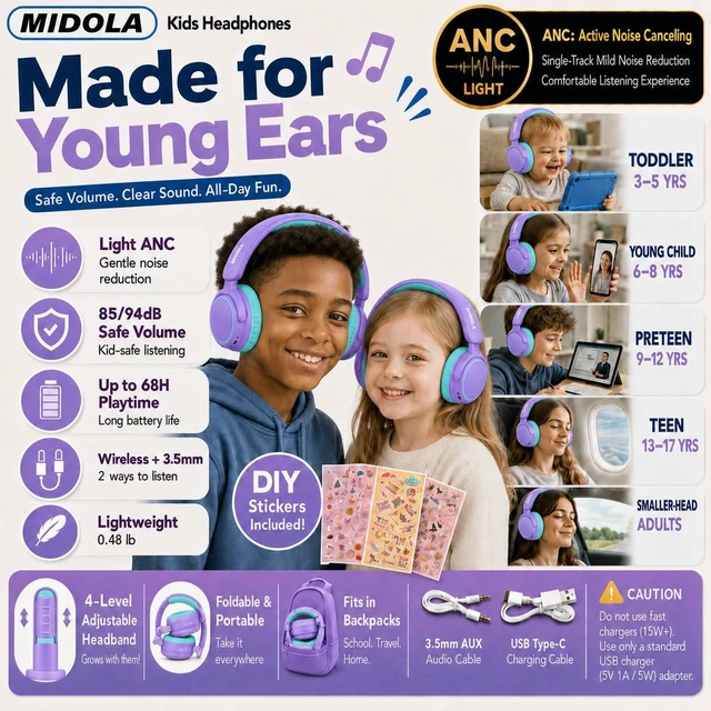 Alt view image 2 of 7 - Kids Bluetooth Headphones Wireless Over-Ear,Active Noise Cancelling,Purple 68Hrs,Volume Limit 85/94dB,Built-in Mic,Adjustable Headband Foldable Lightweight for Toddler School Girls Boys,Stereo Sound
