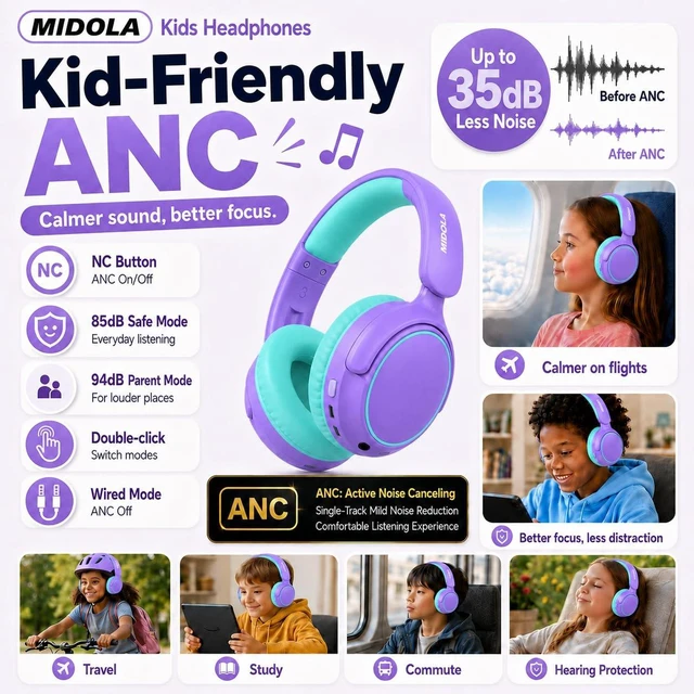 Alt view image 3 of 7 - Kids Bluetooth Headphones Wireless Over-Ear,Active Noise Cancelling,Purple 68Hrs,Volume Limit 85/94dB,Built-in Mic,Adjustable Headband Foldable Lightweight for Toddler School Girls Boys,Stereo Sound