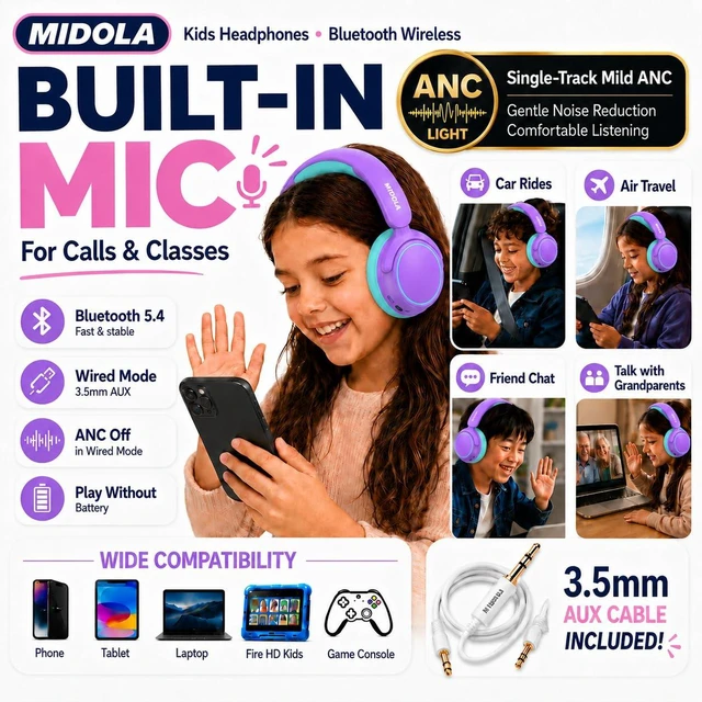 Alt view image 4 of 7 - Kids Bluetooth Headphones Wireless Over-Ear,Active Noise Cancelling,Purple 68Hrs,Volume Limit 85/94dB,Built-in Mic,Adjustable Headband Foldable Lightweight for Toddler School Girls Boys,Stereo Sound