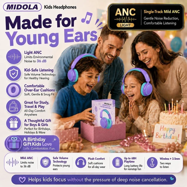Alt view image 7 of 7 - Kids Bluetooth Headphones Wireless Over-Ear,Active Noise Cancelling,Purple 68Hrs,Volume Limit 85/94dB,Built-in Mic,Adjustable Headband Foldable Lightweight for Toddler School Girls Boys,Stereo Sound