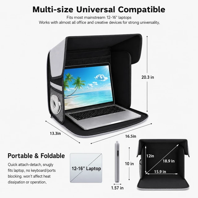 Alt view image 5 of 7 - Laptop Sun Shade Tent for 12-16 Inch Laptops, 2-in-1 Convertible Carry Bag with Anti-Glare Privacy Shield, UV Heat Reflective & Water-Resistant Outdoor Cover for Beach, Travel & Working Outside
